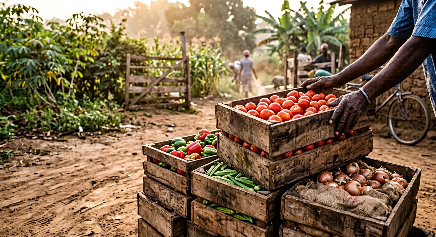 Crates of tomatoes, peppers, okra and onions at the farm gate in the morning light.